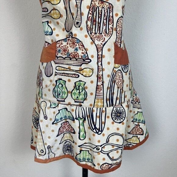 Retro Women Orange & Cream Apron Kitchen Garden Pocket Adjustable Cotton Pinup - Picture 8 of 9